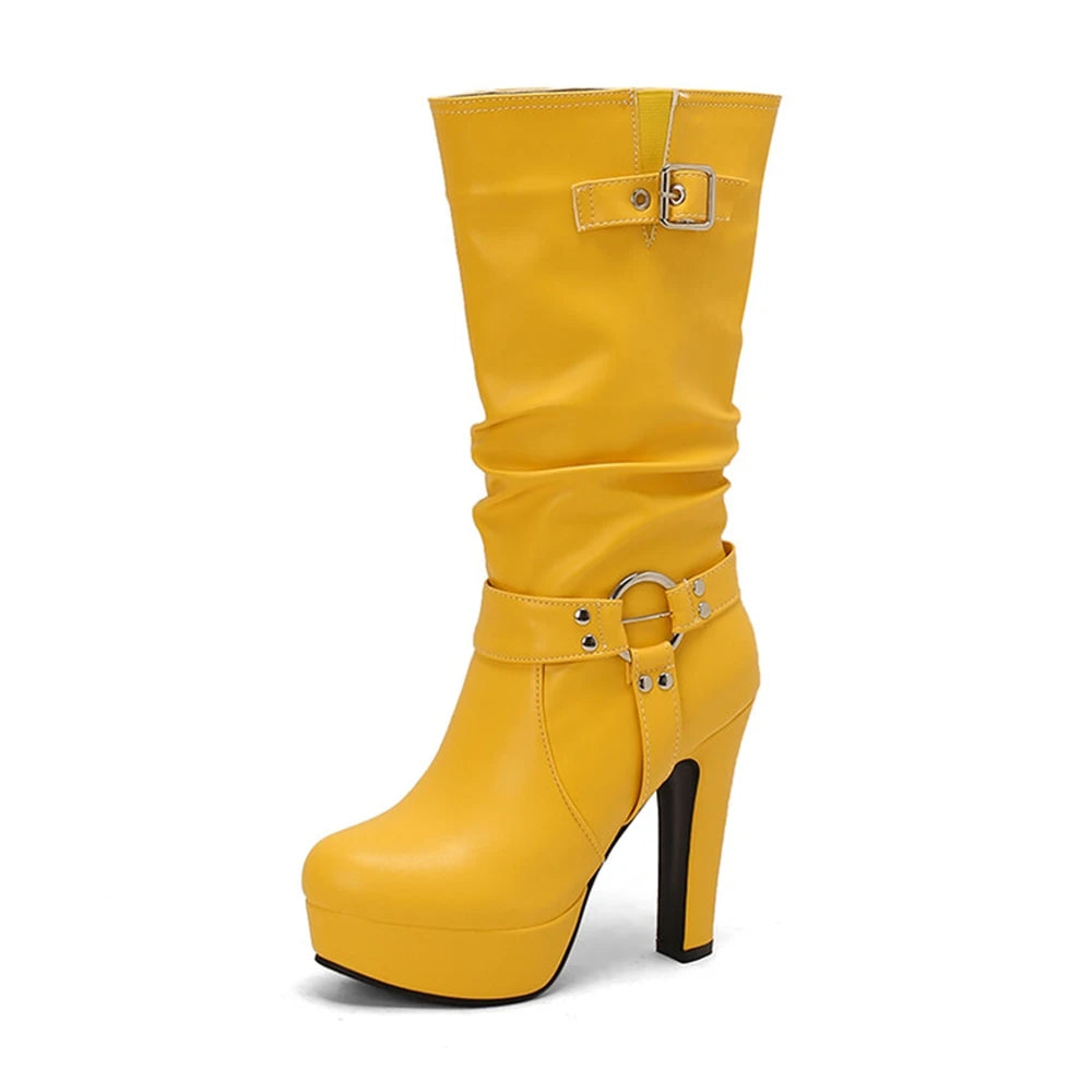 Botines Mujer mode bout rond à talons hauts mi-mollet bottes plissées imperméable plate-forme robe talon épais ensemble femmes bottes 338-45