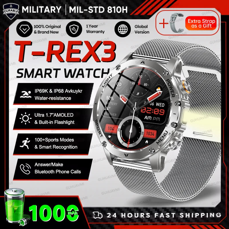 2025 extérieur nouveau 1000mAh batterie t-rex 3 qualité militaire montre intelligente hommes IP69K étanche GPS HD Bluetooth appel 100 + montre de sport
