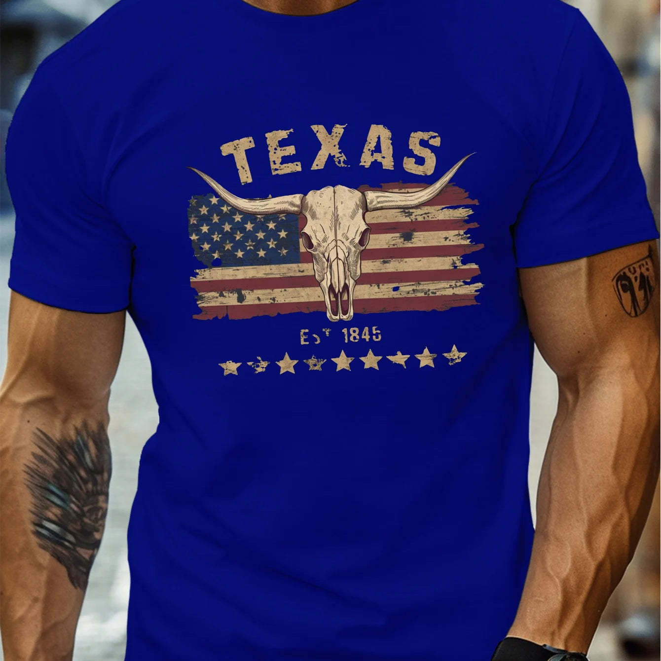 T-Shirt Homme 100% Coton Texas Longhorn - Col Rond Ample Crâne Vache Été