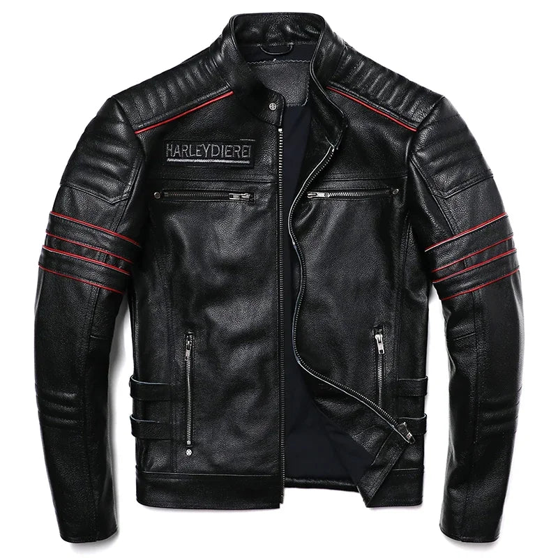 Veste Cuir Véritable Homme 2025 - Broderie Crâne Mode Peau Vache Moto Mince S-6XL