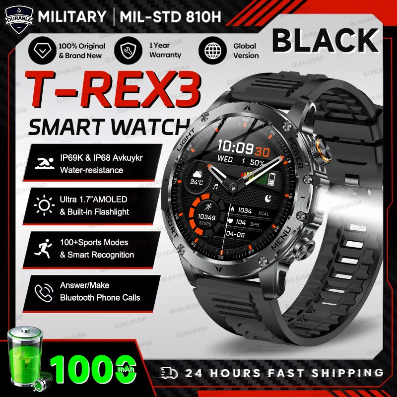 2025 extérieur nouveau 1000mAh batterie t-rex 3 qualité militaire montre intelligente hommes IP69K étanche GPS HD Bluetooth appel 100 + montre de sport