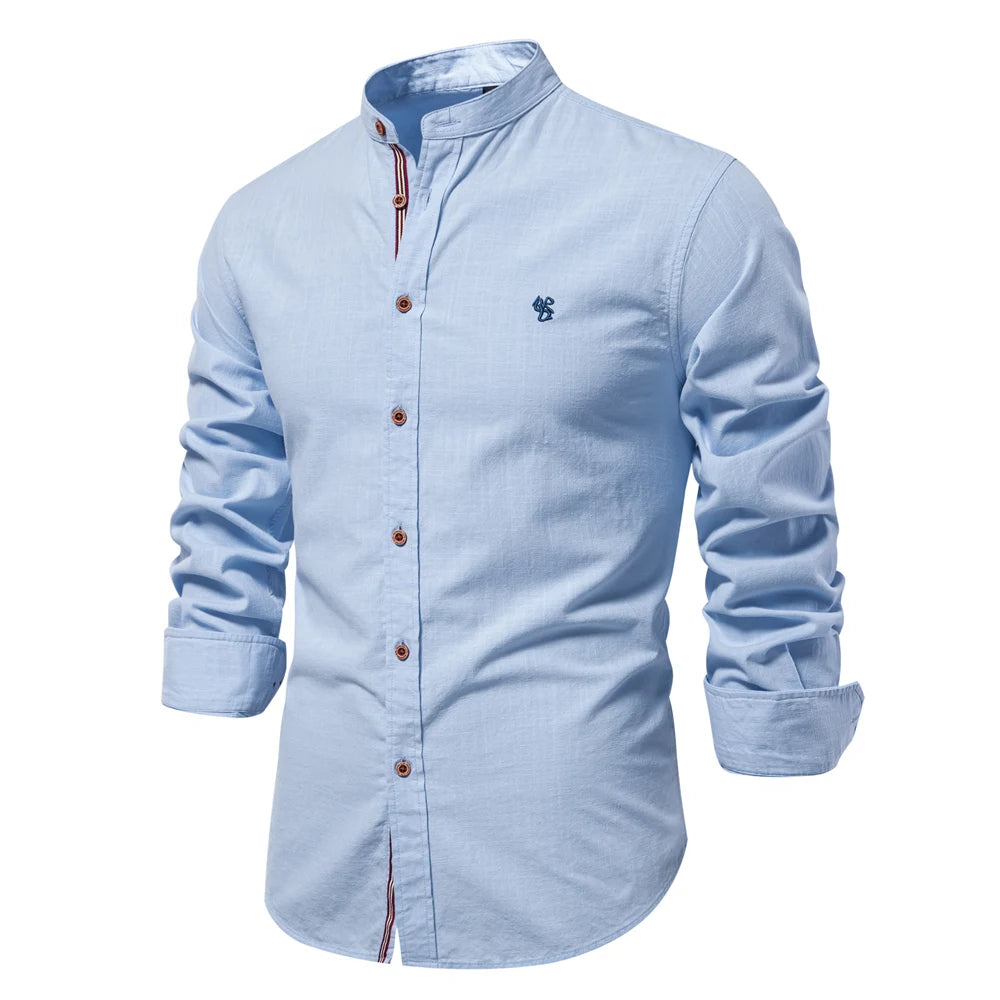 Chemise Homme 100% Coton AIOPESON - Couleur Unie Manches Longues Col Stand Décontracté Qualité