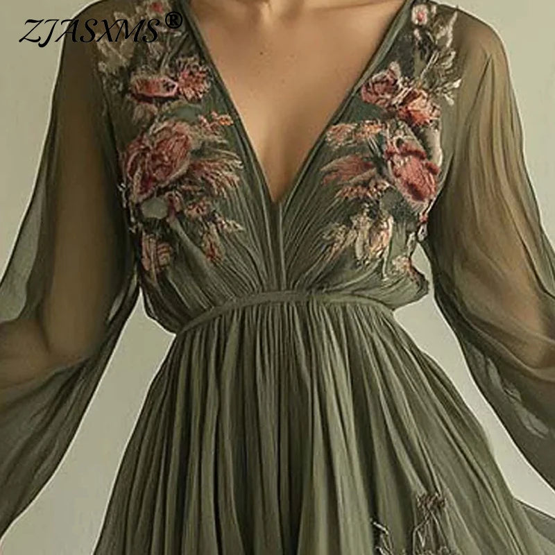 Robe Soirée Femme Floral Boho - Col V Taille Haute Manches Longues Printemps
