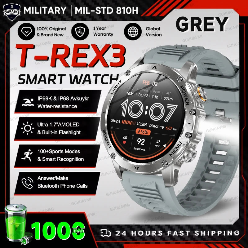 2025 extérieur nouveau 1000mAh batterie t-rex 3 qualité militaire montre intelligente hommes IP69K étanche GPS HD Bluetooth appel 100 + montre de sport