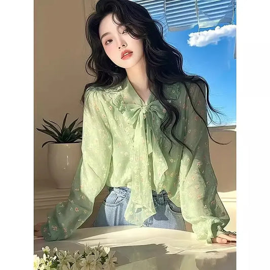 Chemise Femme Verte à Lacets Floral - Blouse Printemps Style Niche