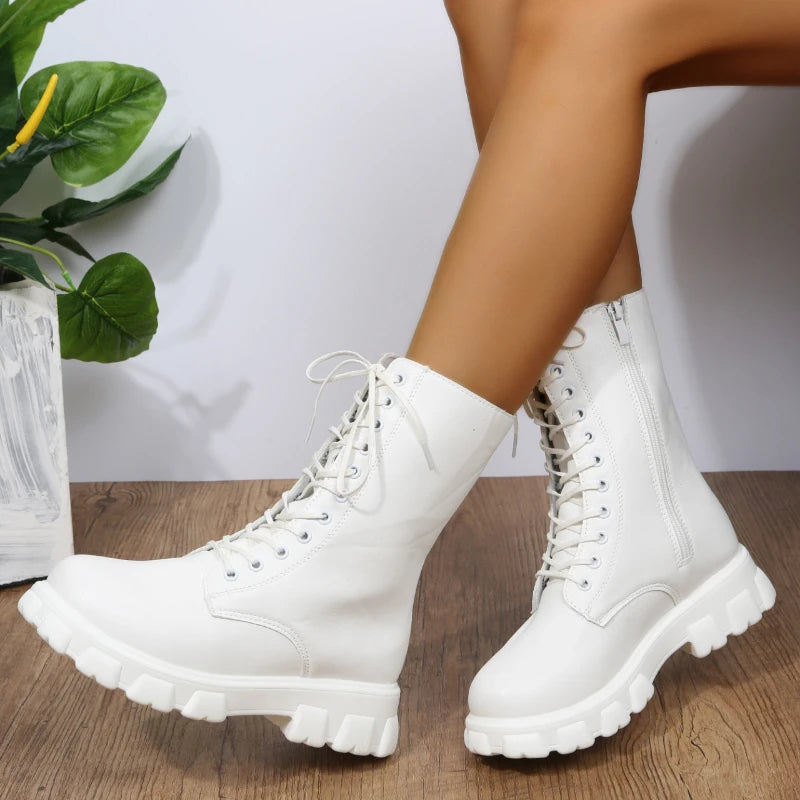 Bottes à plateforme en cuir PU pour femmes, bottes de rinçage blanches, bottes de moto pour femmes, talons épais, automne, hiver, 2022