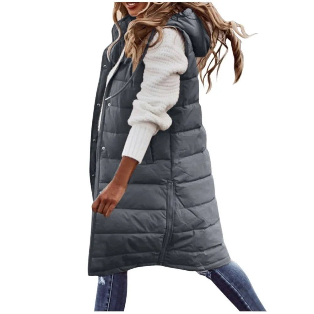 Gilet Femme à Capuche Coton Rembourré - Cardigan Mi-Long Hiver Ajusté