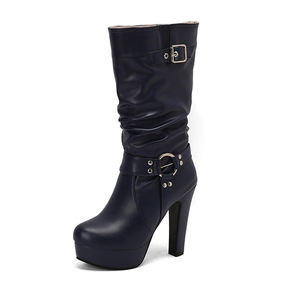 Botines Mujer mode bout rond à talons hauts mi-mollet bottes plissées imperméable plate-forme robe talon épais ensemble femmes bottes 338-45