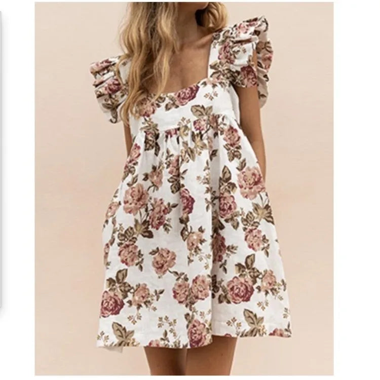 Robe d'Été Douce Col Carré - Manches Bouffantes Poche Ample