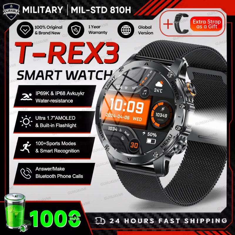 2025 extérieur nouveau 1000mAh batterie t-rex 3 qualité militaire montre intelligente hommes IP69K étanche GPS HD Bluetooth appel 100 + montre de sport
