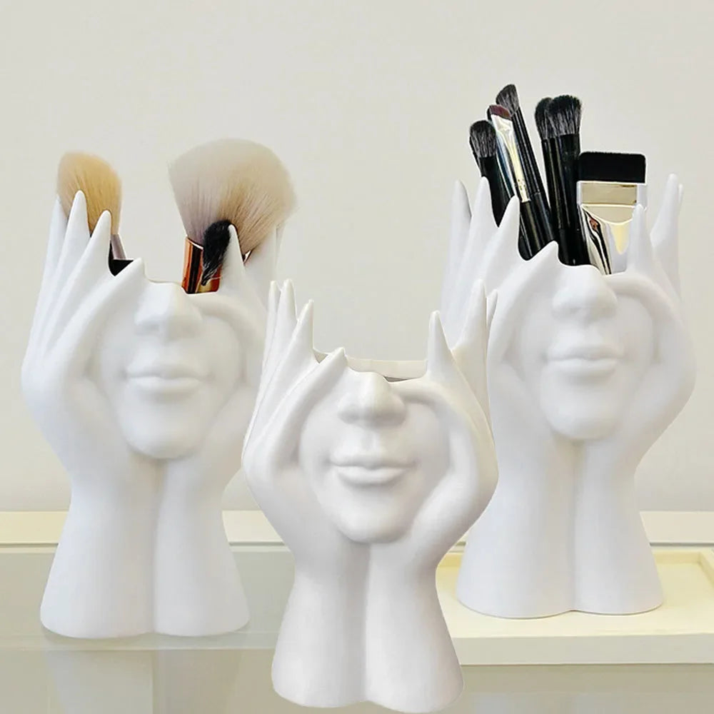 Porte-Brosse Maquillage Visage Blanc - Organisateur Rangement Cosmétiques Bureau