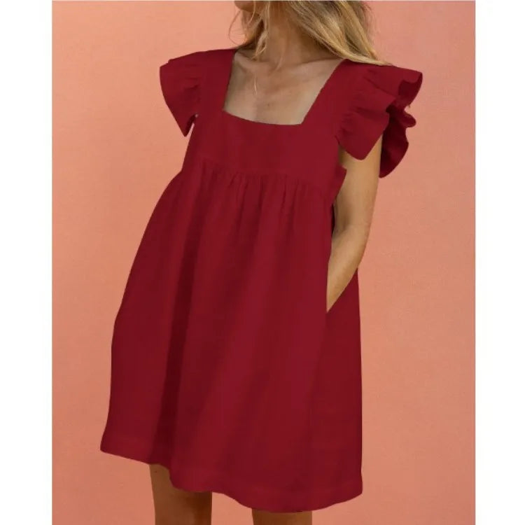 Robe d'Été Douce Col Carré - Manches Bouffantes Poche Ample