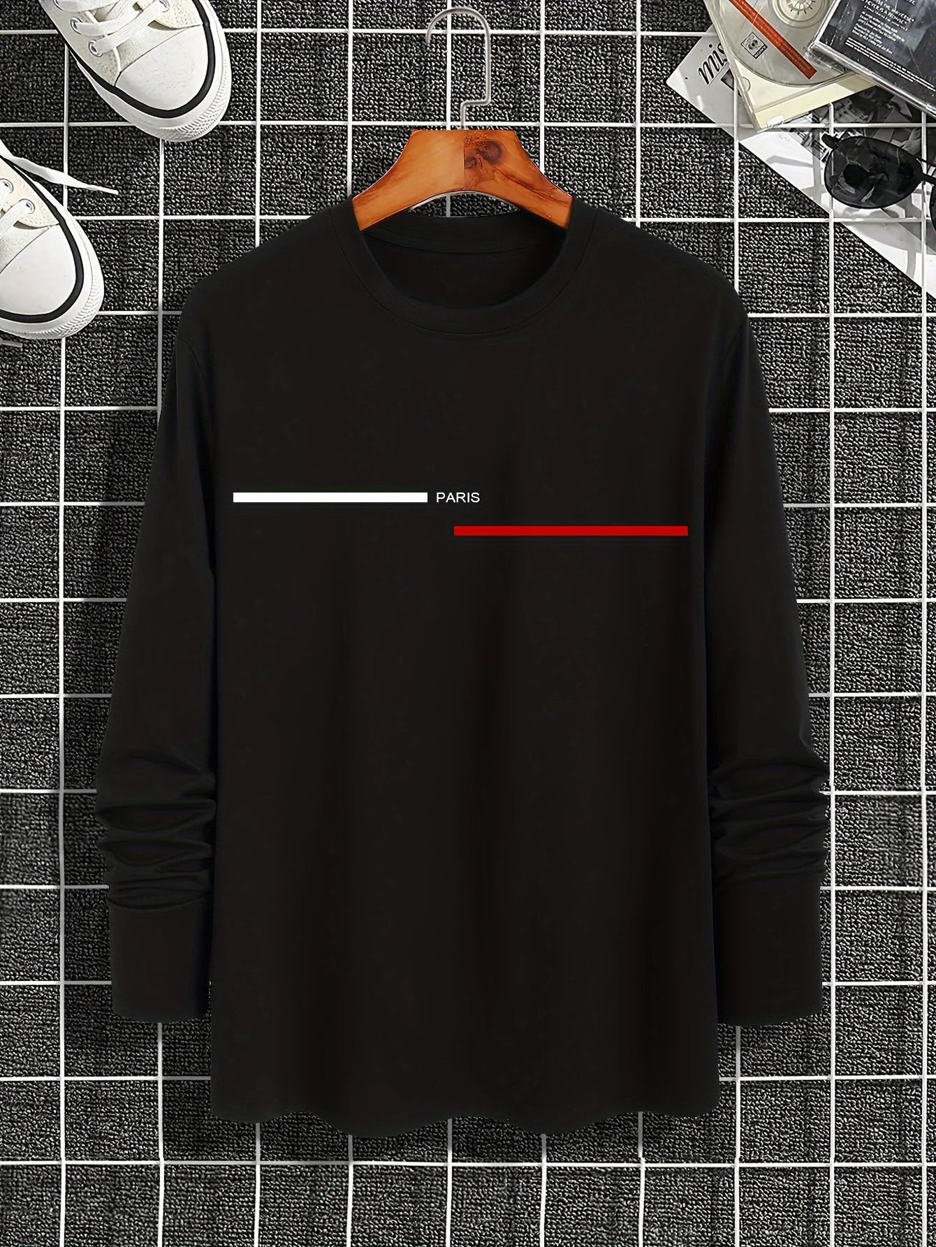 T-Shirt Manches Longues Homme 100% Coton - Col Rond Ample Imprimé Paris Grande Taille
