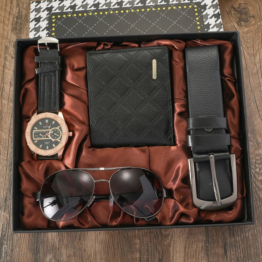 Ensemble Cadeau 6-en-1 Homme Luxe - Montre Lunettes Stylo Ceinture Porte-Clés
