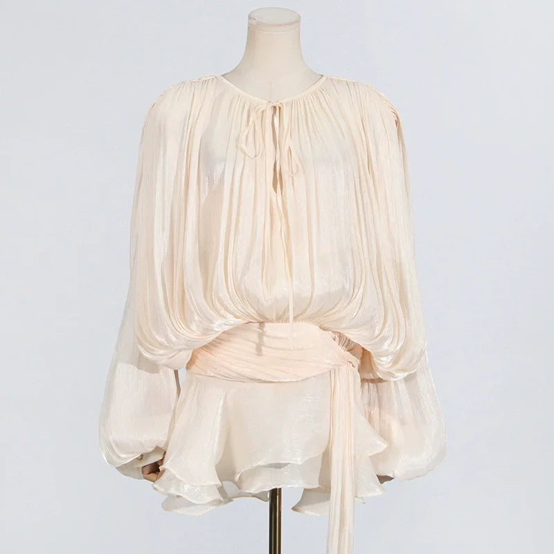 Chemises tendance pour femmes, mini robe élégante en dentelle, col en v, manches longues bouffantes, coupe courte, lacets en dentelle, robe douce, mode féminine