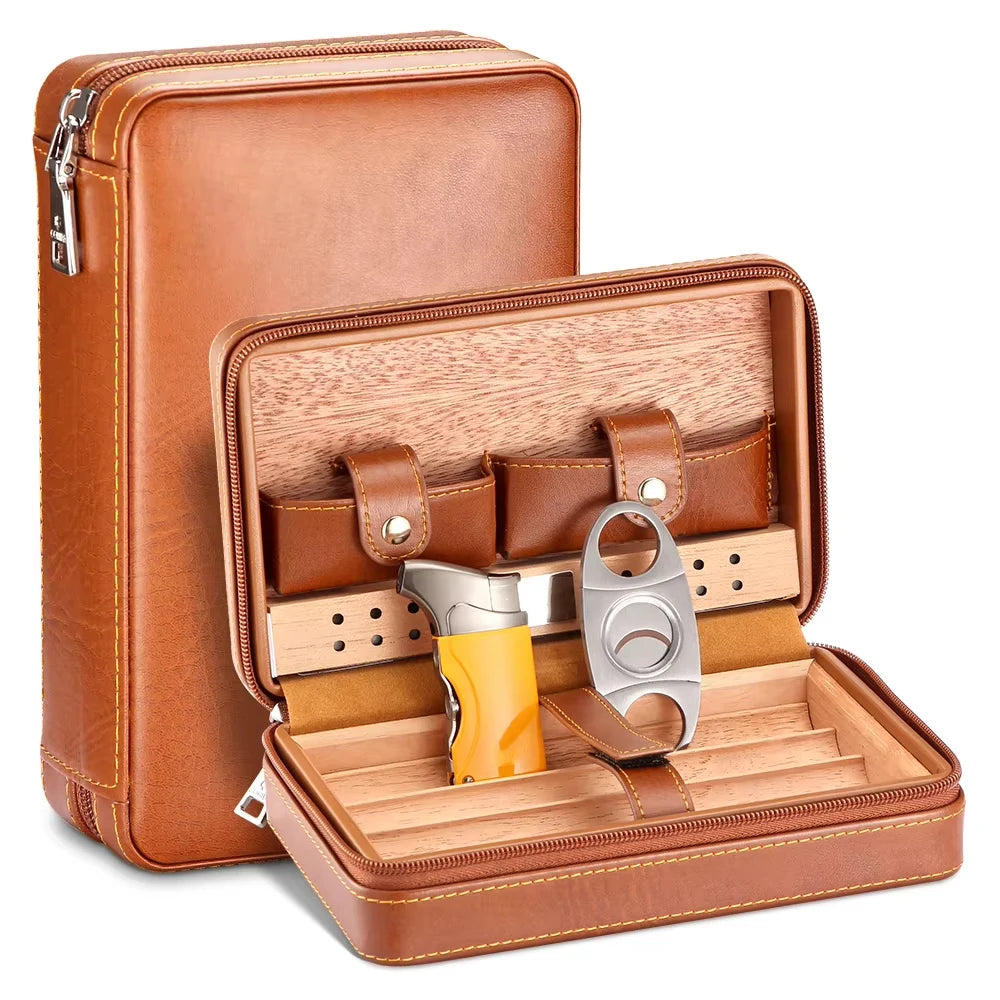 Boîte Cigares Portable Cuir Bois Cèdre - Étui Voyage avec Coupe Briquet