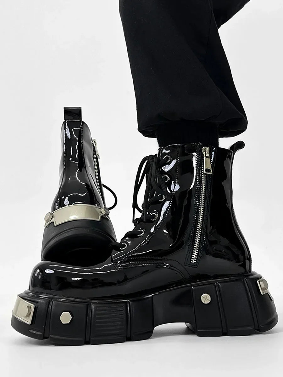 Bottes Moto Cuir Verni Noir Rivets Métal - Plateforme Punk Fermeture Éclair