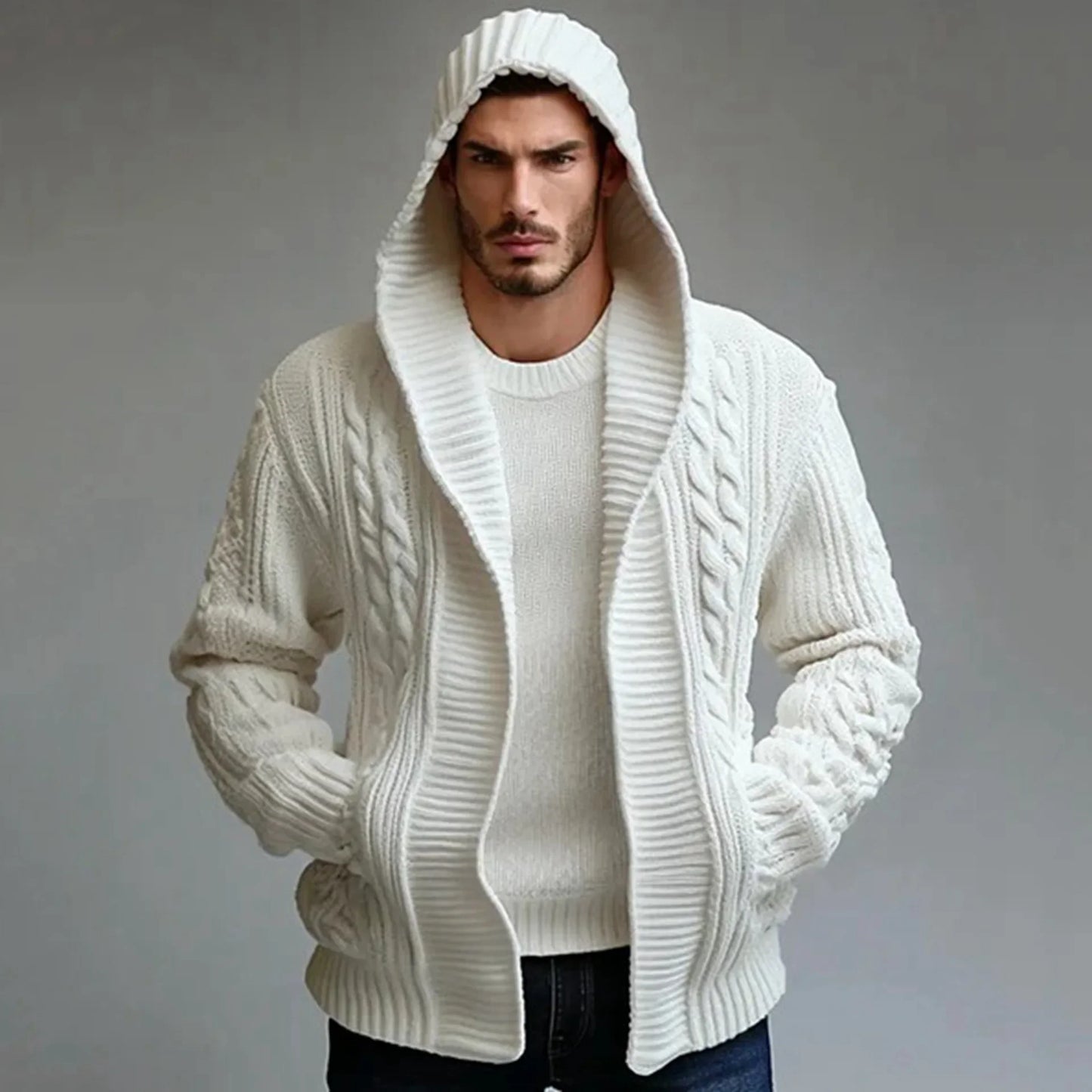 Cardigan Capuche Homme - Manteau Manches Longues Uni Ample Point Ouvert Automne Hiver