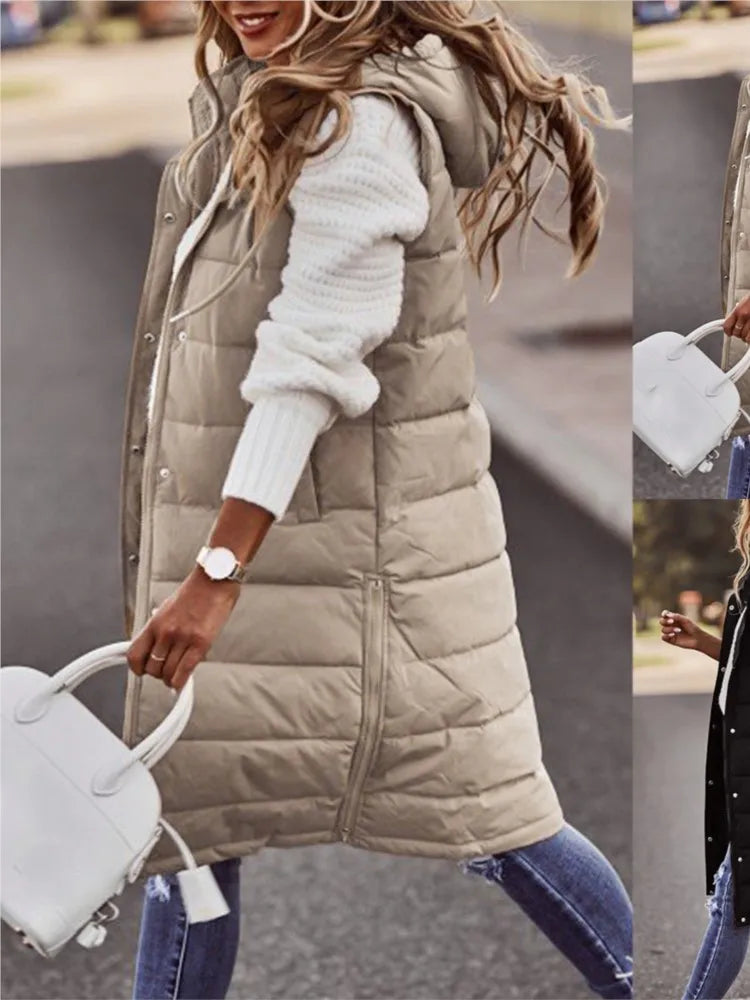 Gilet Femme à Capuche Coton Rembourré - Cardigan Mi-Long Hiver Ajusté