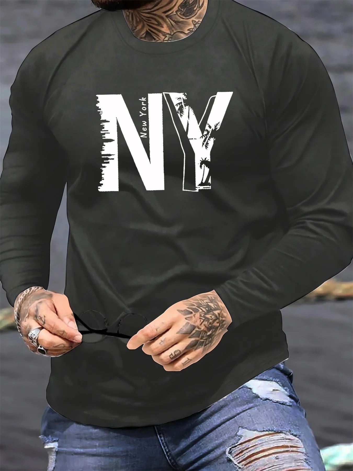 T-Shirt Homme New York NY Manches Longues - 100% Coton Col Rond Ample Grande Taille