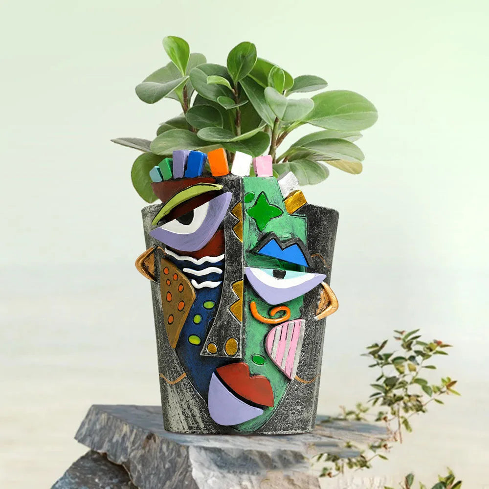 Vase Décoratif Visage Abstrait Coloré - Pot Fleur Art Créatif Maison Bureau
