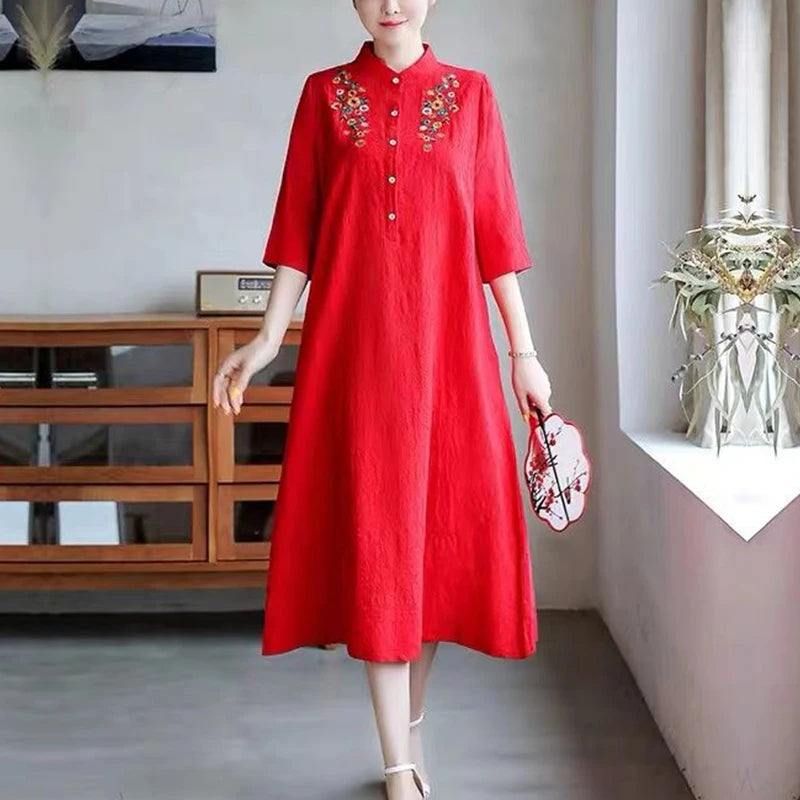 Robe Trapèze Lin Coton Brodée Vintage - Été Décontractée Ethnique Demi-Manches