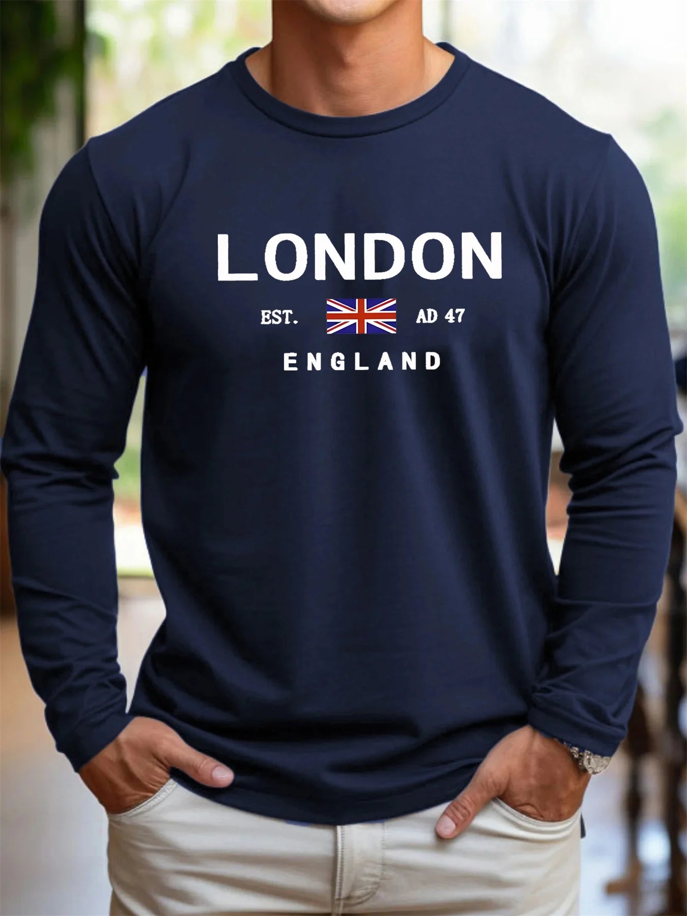 T-Shirt Manches Longues Homme 100% Coton - Col Rond Ample Imprimé Londres Sport Décontracté