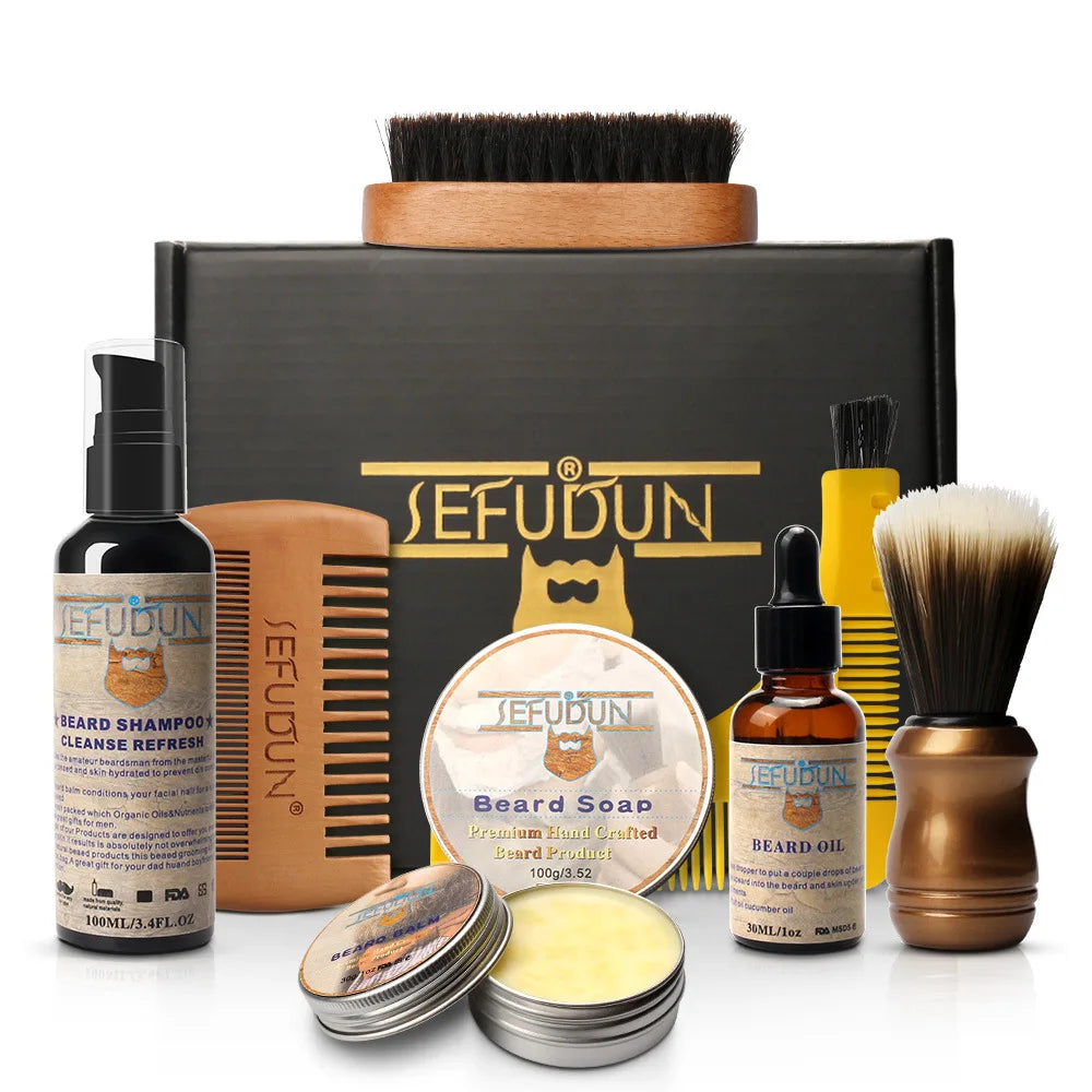 Kit Soins Barbe 7/9 Pièces Homme - Baume Huile Toilettage Moustache