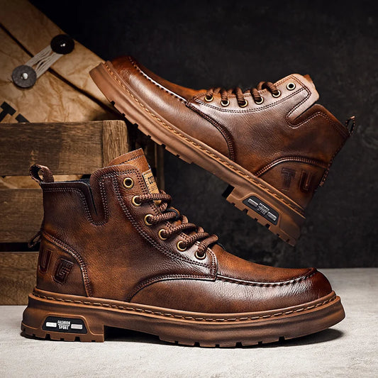 Bottes de moto d'hiver homme rétro marron bottes confortables en cuir bottines hommes haut Biker chaussures hommes botines para hombre