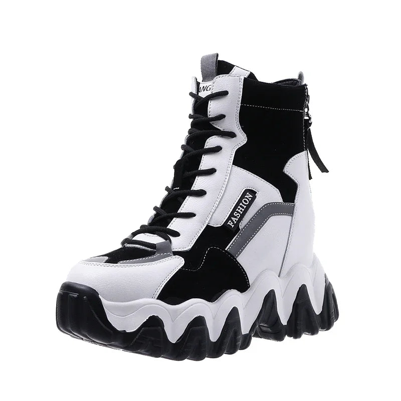 Bottes Compensées Plateforme Luxe Femme - Baskets Talons 8cm Printemps