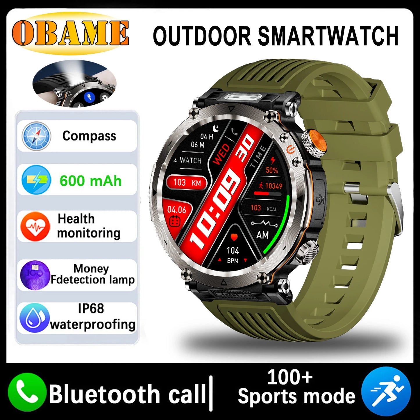 Montre Intelligente Outdoor 5ATM - Écran 1.9" Lampe LED Boussole Étanche