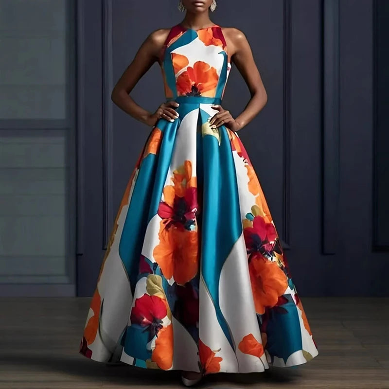 Robe longue élégante, col rond, taille haute, pour femmes, imprimé Floral, ourlet, robe de soirée, été, sans manches, style Boho, Maxi, printemps