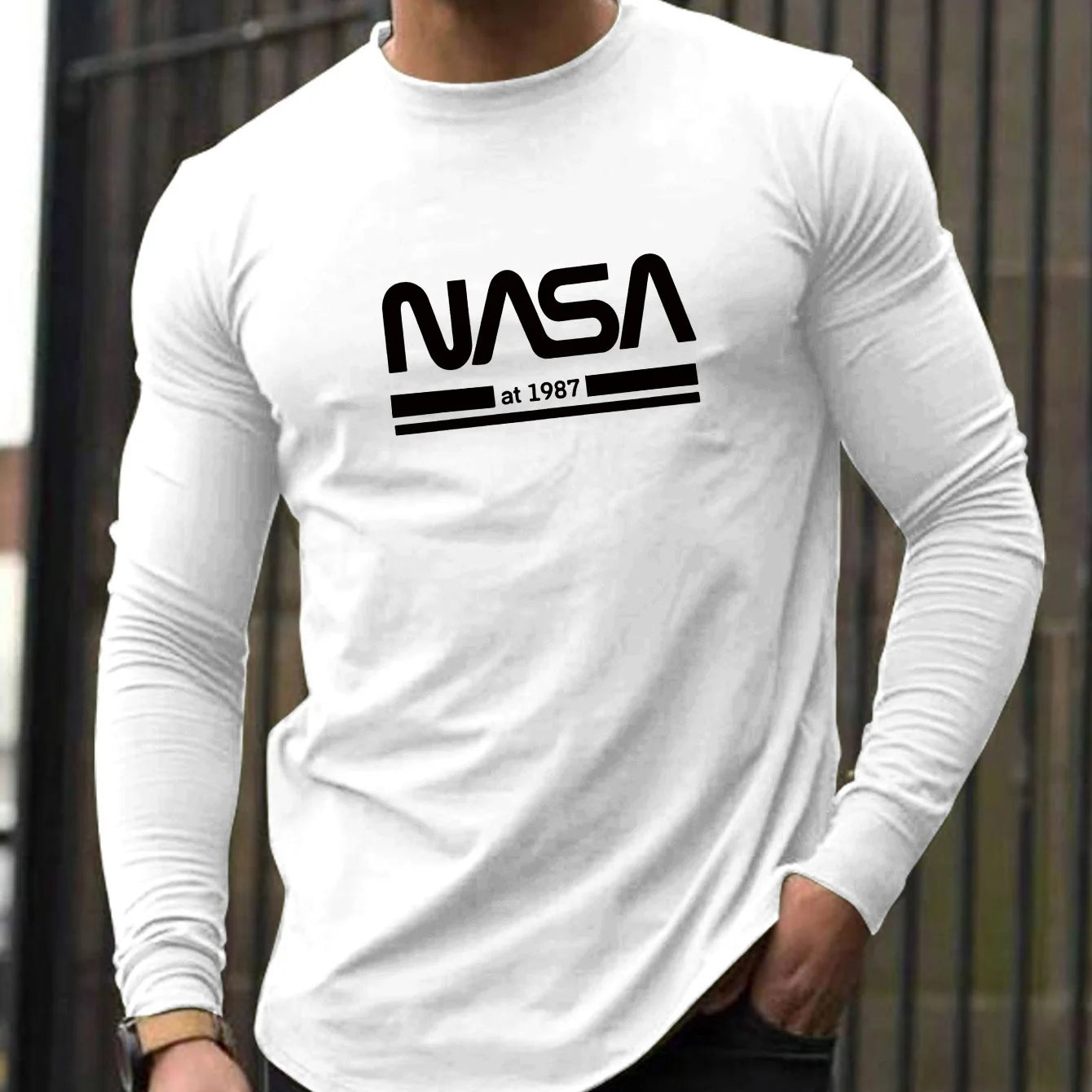 T-Shirt Homme NASA Manches Longues - 100% Coton Col Rond Ample Décontracté
