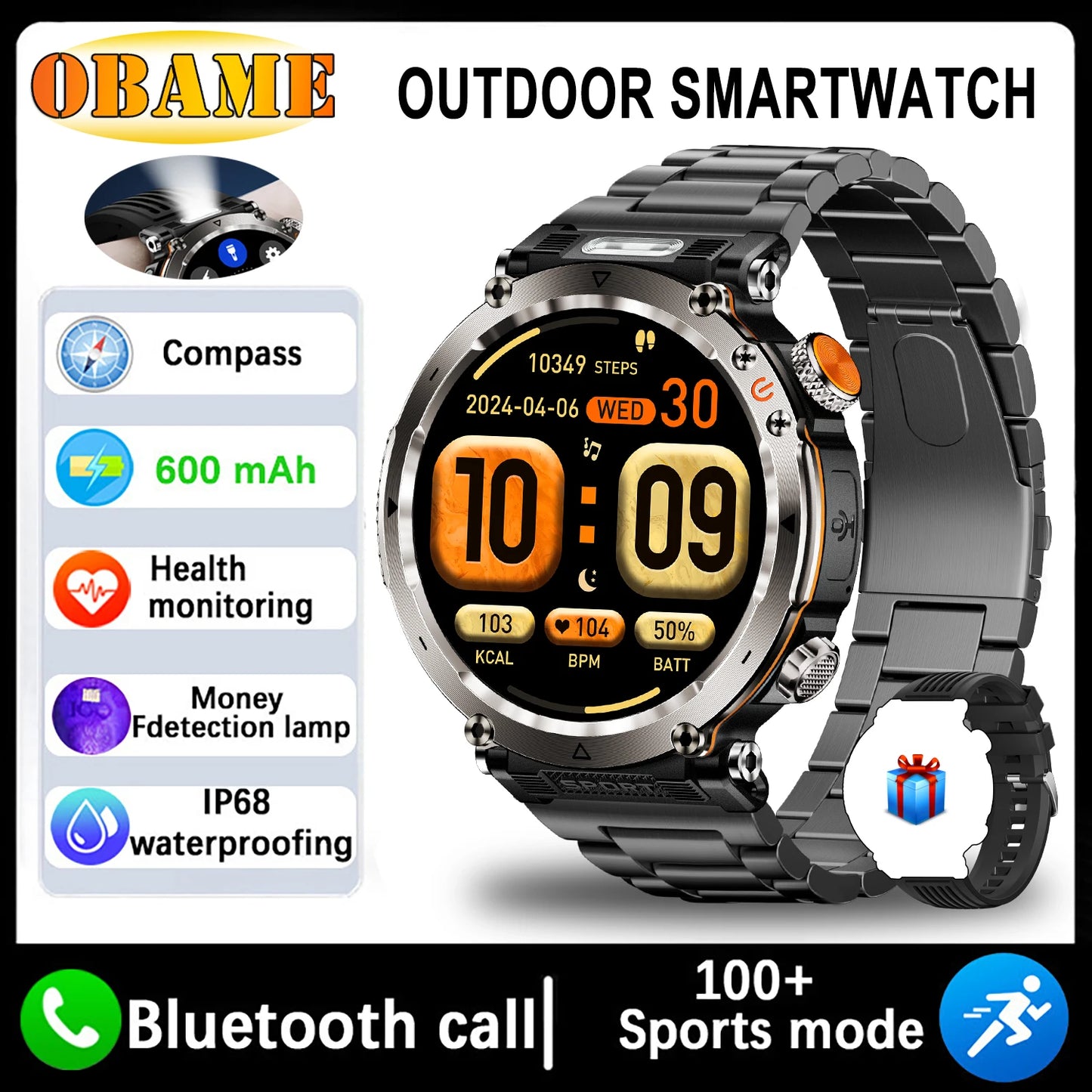 Montre Intelligente Outdoor 5ATM - Écran 1.9" Lampe LED Boussole Étanche