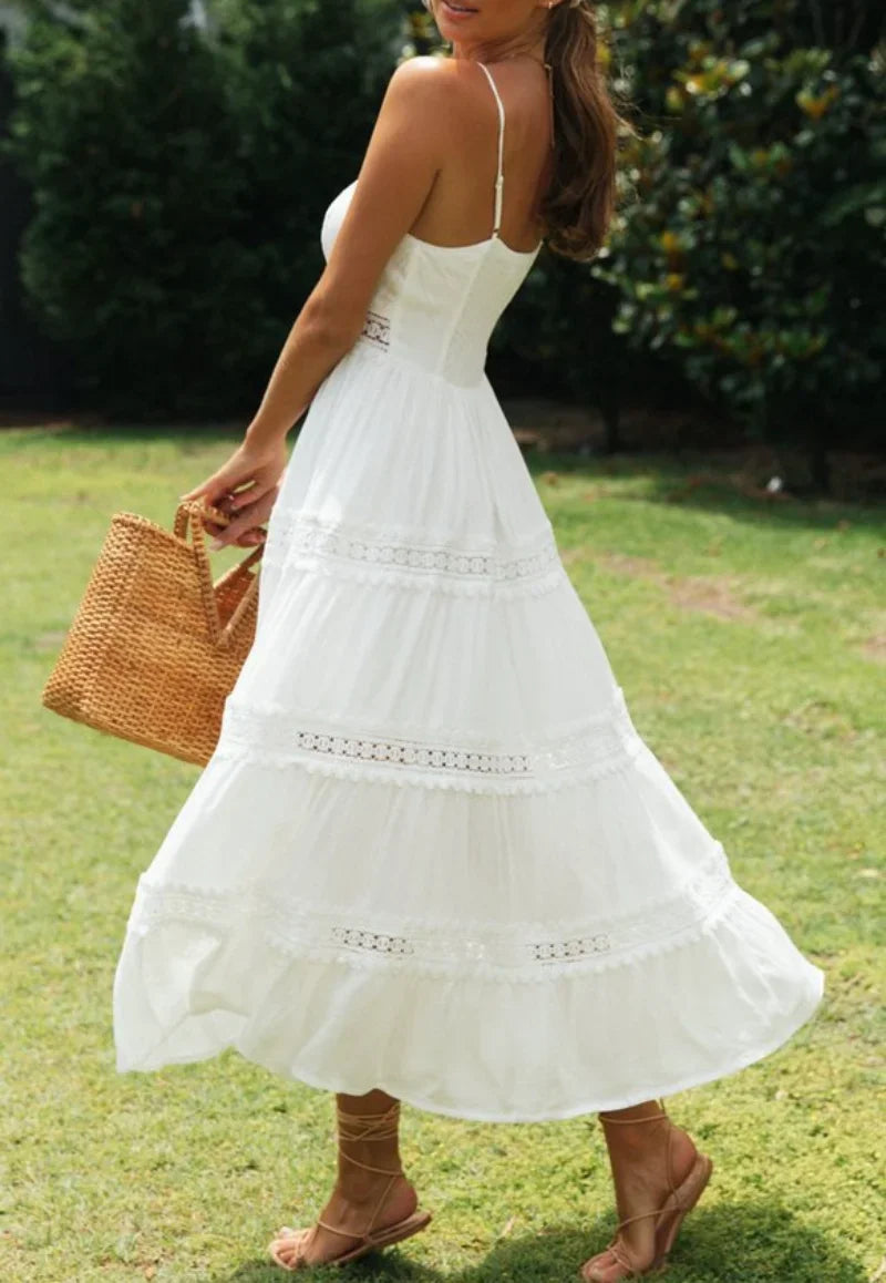 Robe Maxi Dentelle Blanche Boho - Col V Sans Bretelles Plage Soirée