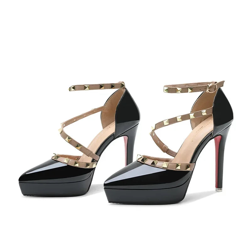 Sandales Plateforme Cuir Laqué Femme - Talons Hauts 10-12cm Luxe Rivets