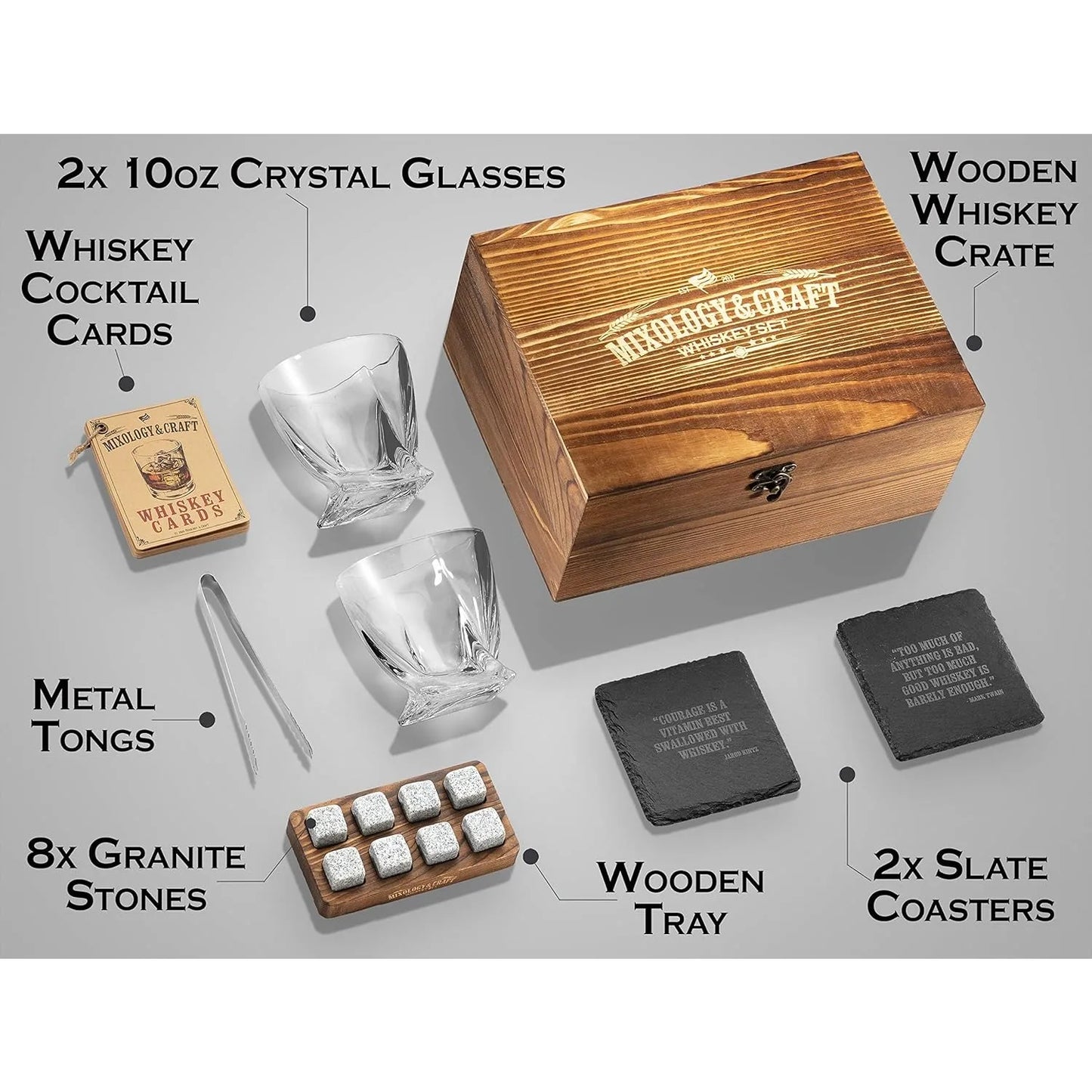 Ensemble Pierres Whisky Granit - Verres 10oz Coffret Bois Cadeau Homme