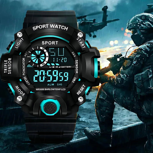 Montre pour hommes de mode sport montre-bracelet électronique grand cadran multifonctionnel étanche alarme lumineuse enfants montre militaire pour hommes