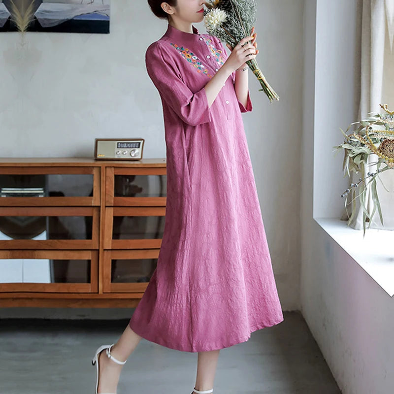 Robe Trapèze Lin Coton Brodée Vintage - Été Décontractée Ethnique Demi-Manches