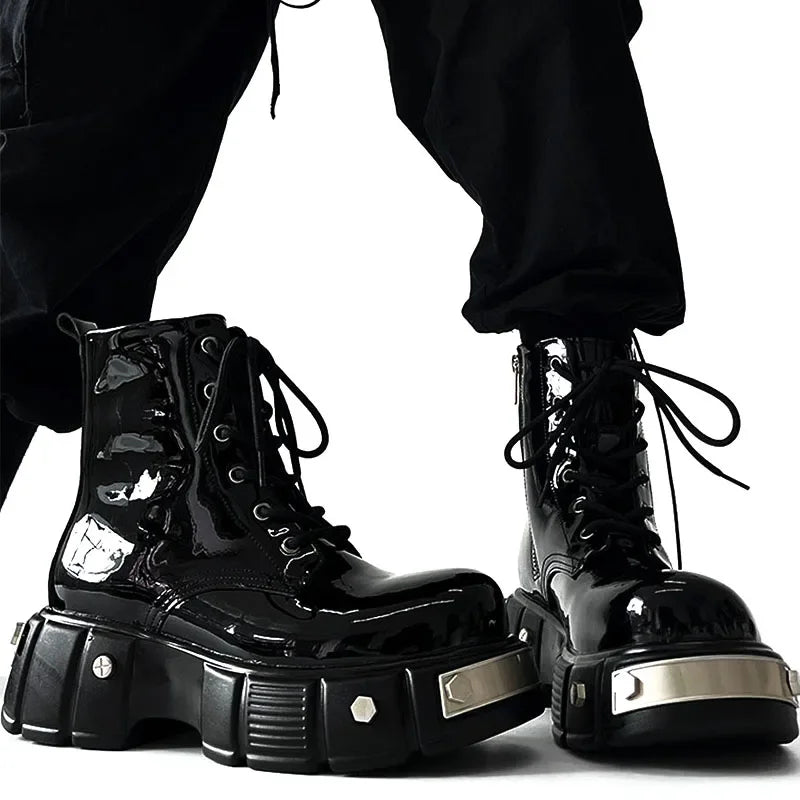 Bottes Moto Cuir Verni Noir Rivets Métal - Plateforme Punk Fermeture Éclair