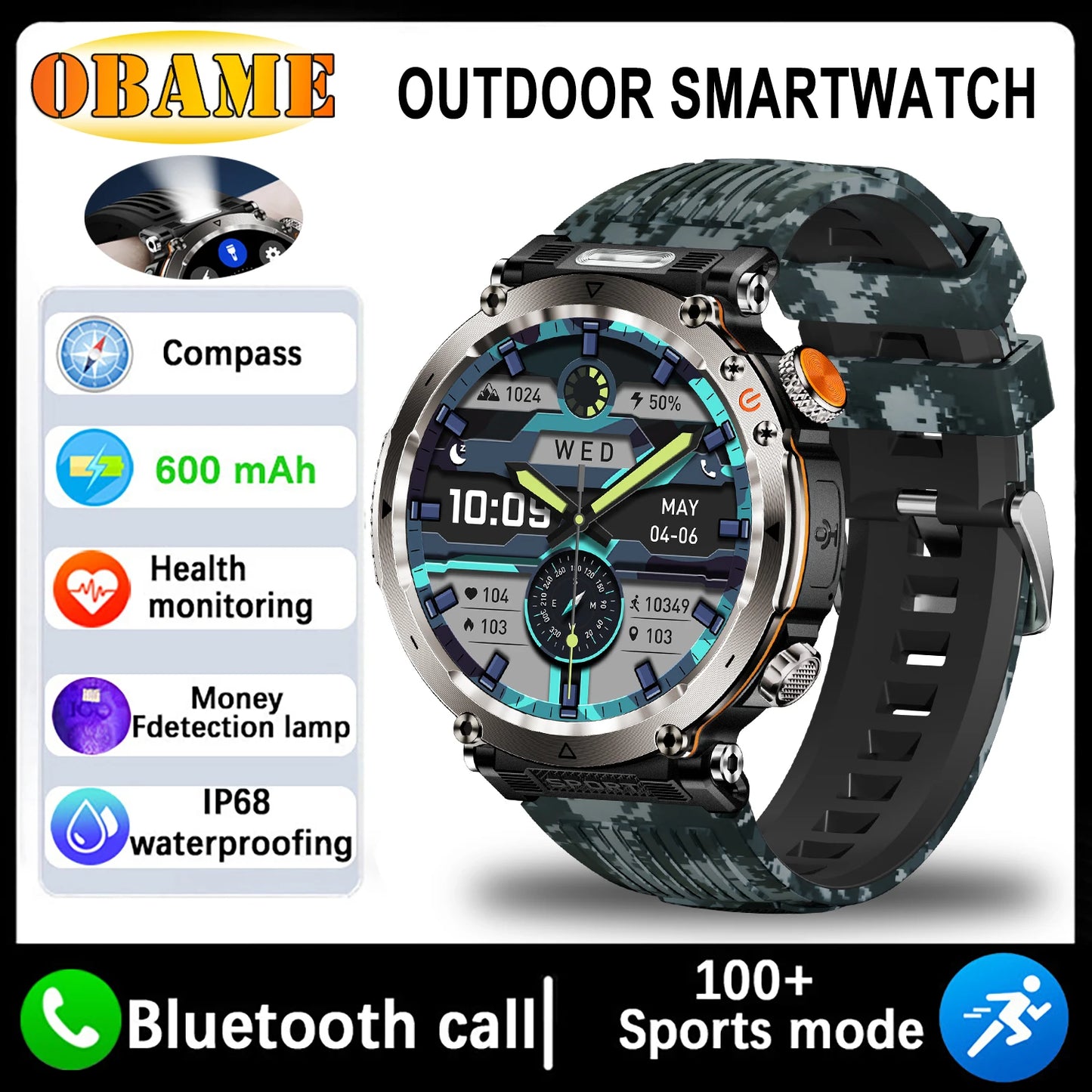 Montre Intelligente Outdoor 5ATM - Écran 1.9" Lampe LED Boussole Étanche