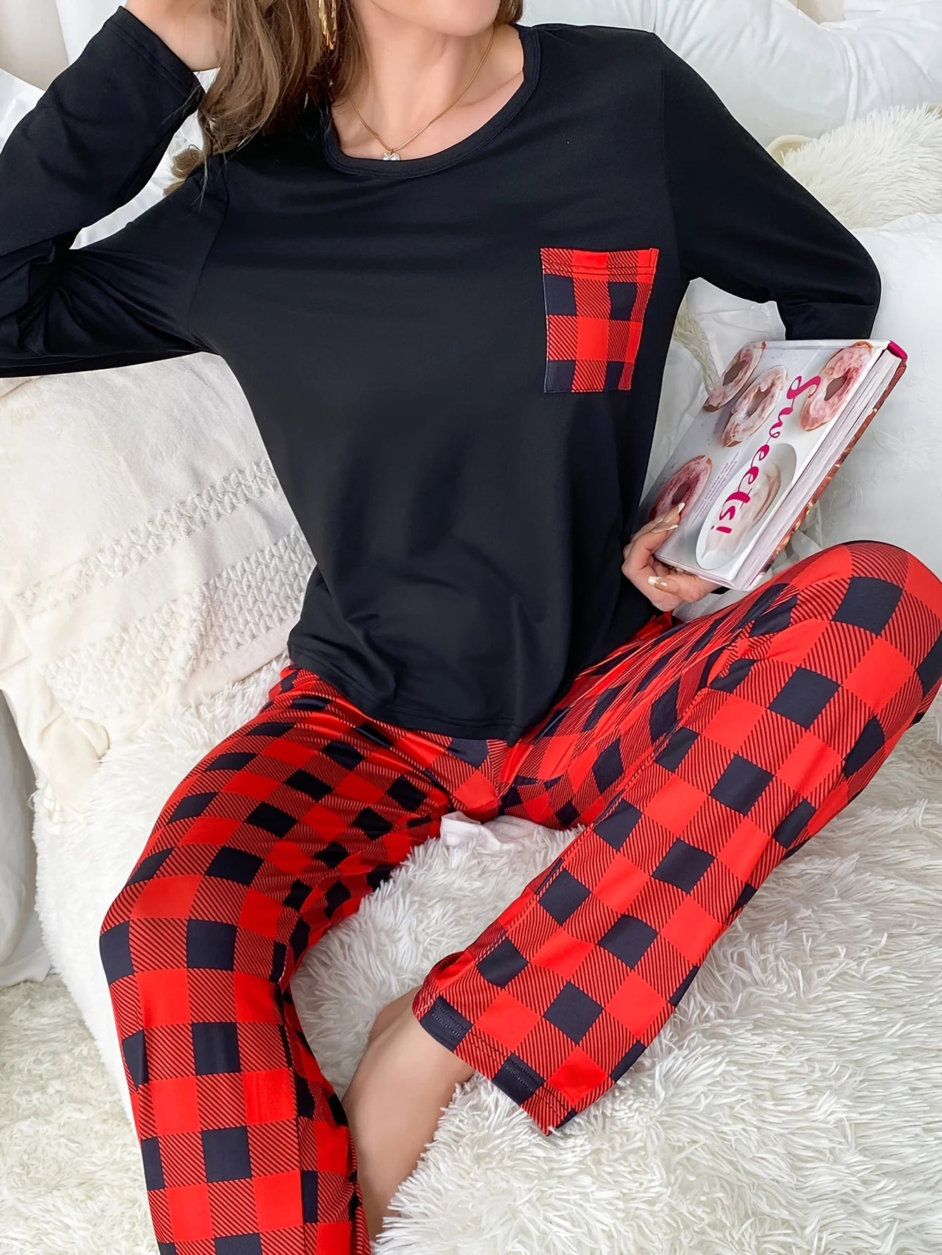 Pyjama Femme 2 Pièces Noir Rouge - Haut Manches Longues Pantalon Rayé Décontracté