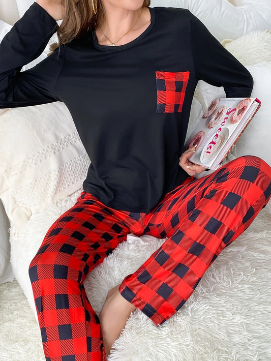 Pyjama Femme 2 Pièces Noir Rouge - Haut Manches Longues Pantalon Rayé Décontracté