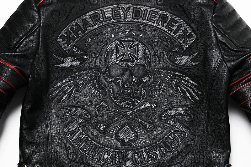 Veste Cuir Véritable Homme 2025 - Broderie Crâne Mode Peau Vache Moto Mince S-6XL