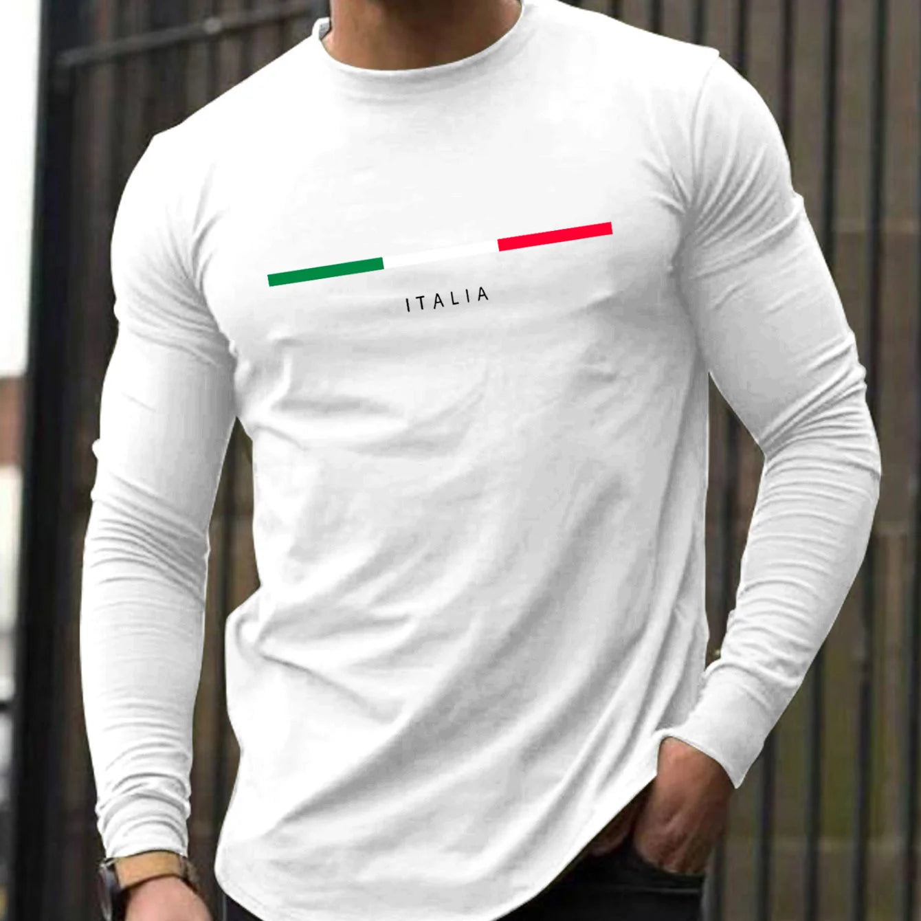 T-Shirt Manches Longues Homme 100% Coton - Col Rond Ample Imprimé Italie Printemps