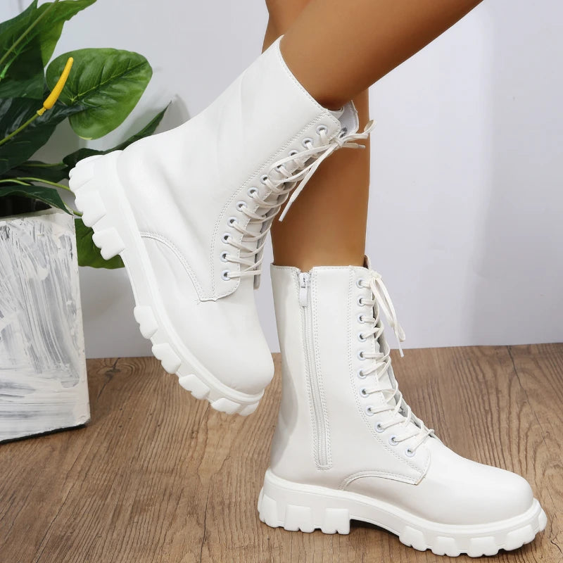 Bottes à plateforme en cuir PU pour femmes, bottes de rinçage blanches, bottes de moto pour femmes, talons épais, automne, hiver, 2022