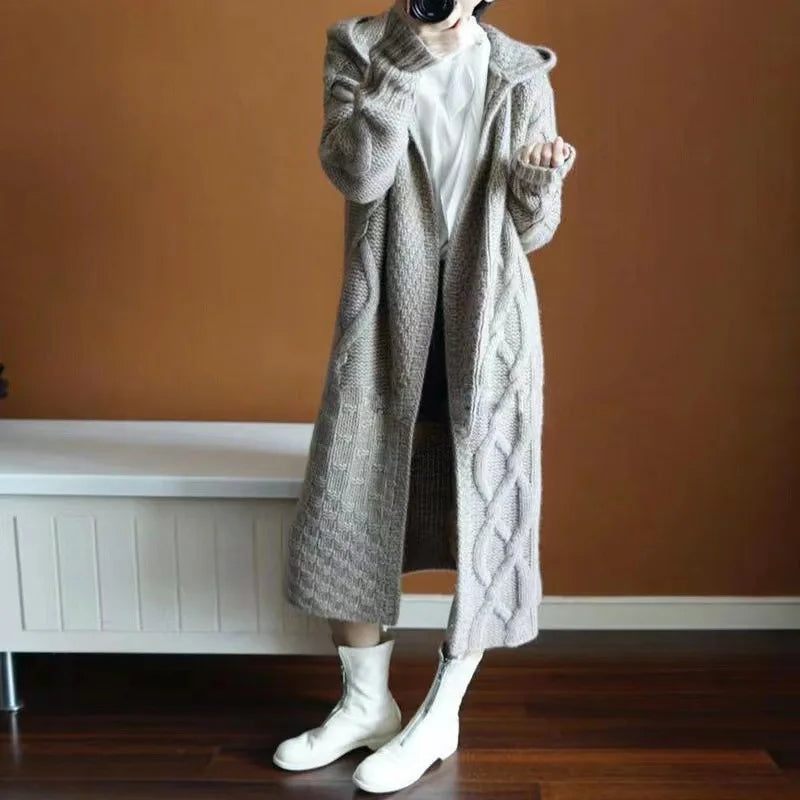 Pull Cardigan Femme Hiver - Gilet Long à Capuche Chaud