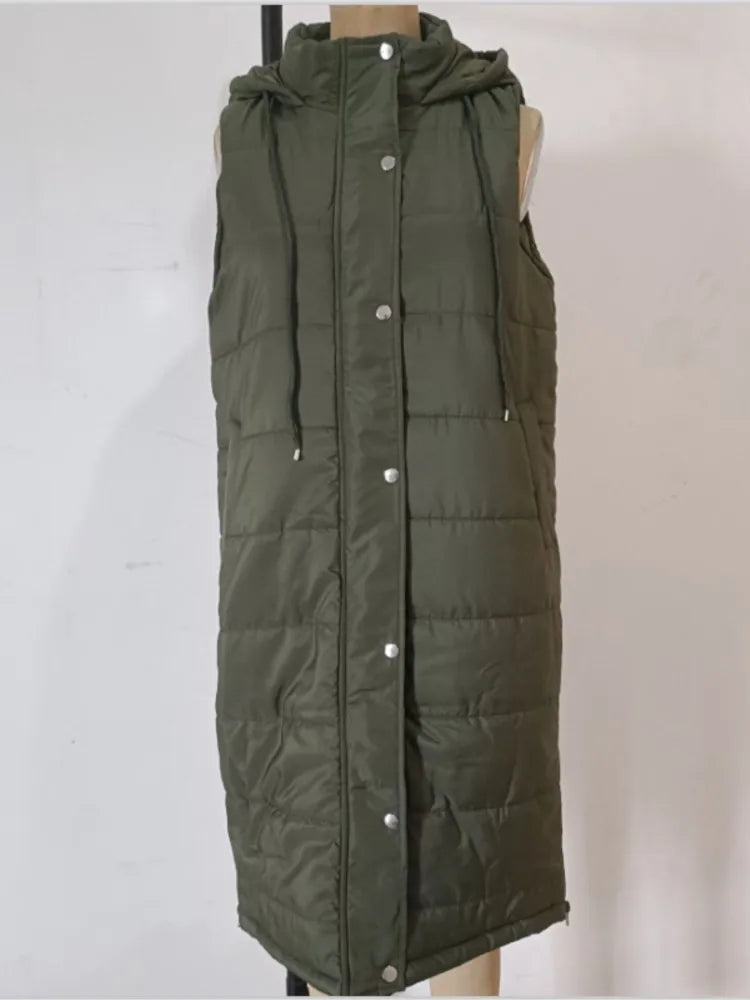 Gilet Femme à Capuche Coton Rembourré - Cardigan Mi-Long Hiver Ajusté