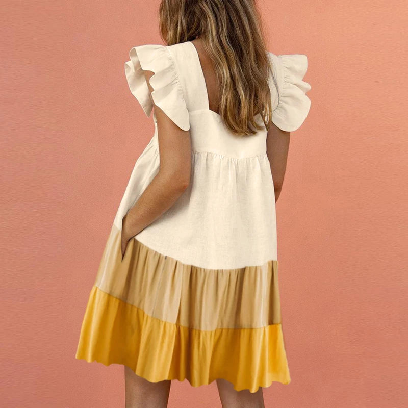 Robe d'Été Douce Col Carré - Manches Bouffantes Poche Ample