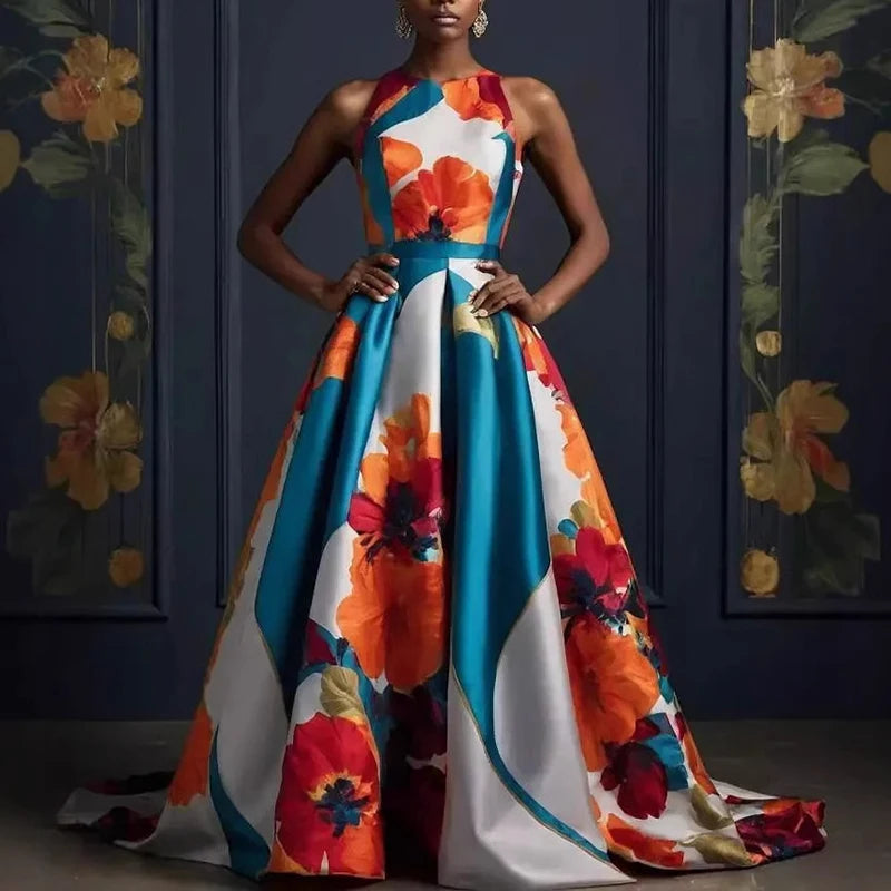 Robe longue élégante, col rond, taille haute, pour femmes, imprimé Floral, ourlet, robe de soirée, été, sans manches, style Boho, Maxi, printemps